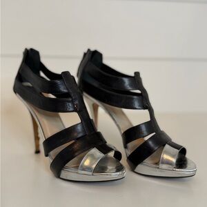 Dior Black and Silver Leather Strappy Stiletto Sandals